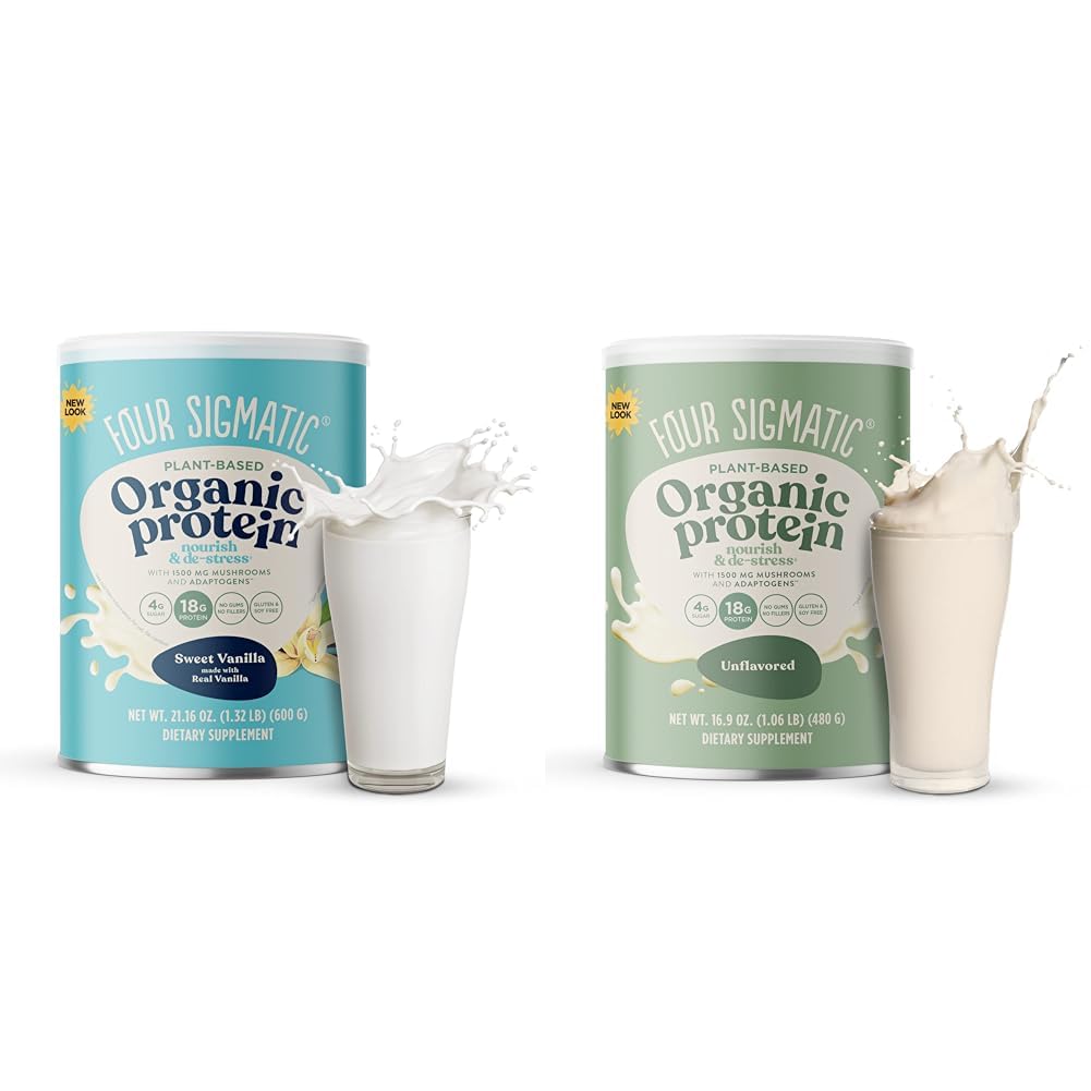 Cztery Sigmatic Organic Vegan & Plant Protein Pyszniki 124; z grzybami, Adaptogens Bezglutenowe 124; Gluten Free, Non-GMO Bezgranic 124; Vanilla & Unflavored