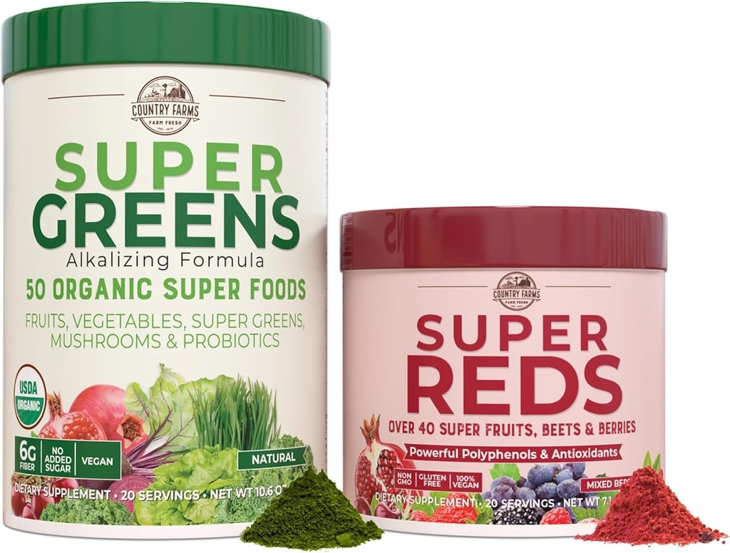 KRAJ ROLNICTWO zasadnicze Pack, Super Zielonych w proszku i Super Czerwonych, Pakowane z 50 Organic Super Foods i 40 Super Fruits, Natural Energy, Bloating Support, Unflavored & Berry Flavor, 17.7 oz, 2 Pack