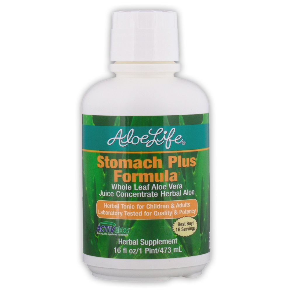 Aloe Life - Formuła Stomach Plus, Fast- Acting Tonic dla dzieci, Dorośli, & Seniorzy, Wspiera zdrową trawienie i pomaga łagodzić gaz, wzdęcia, & Nudności, Aloe Vera Koncentrat, Gluten- Free (16 oz)