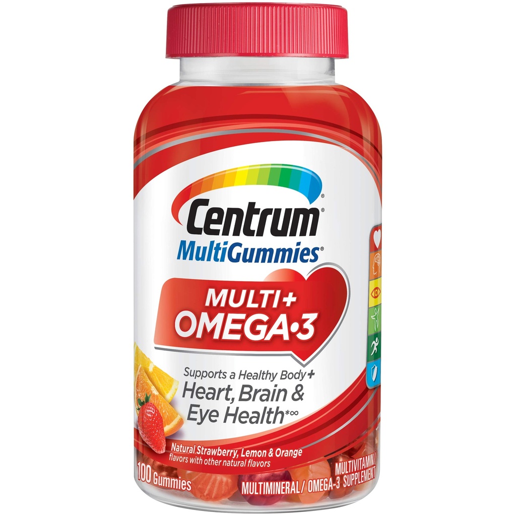 Centrum MultiGummies Omega 3 Gummy Multivitamin dla dorosłych, Multivitamin / Multimineral Supplement, Truskawka / Lemon / Orange Flavors - 100 Count