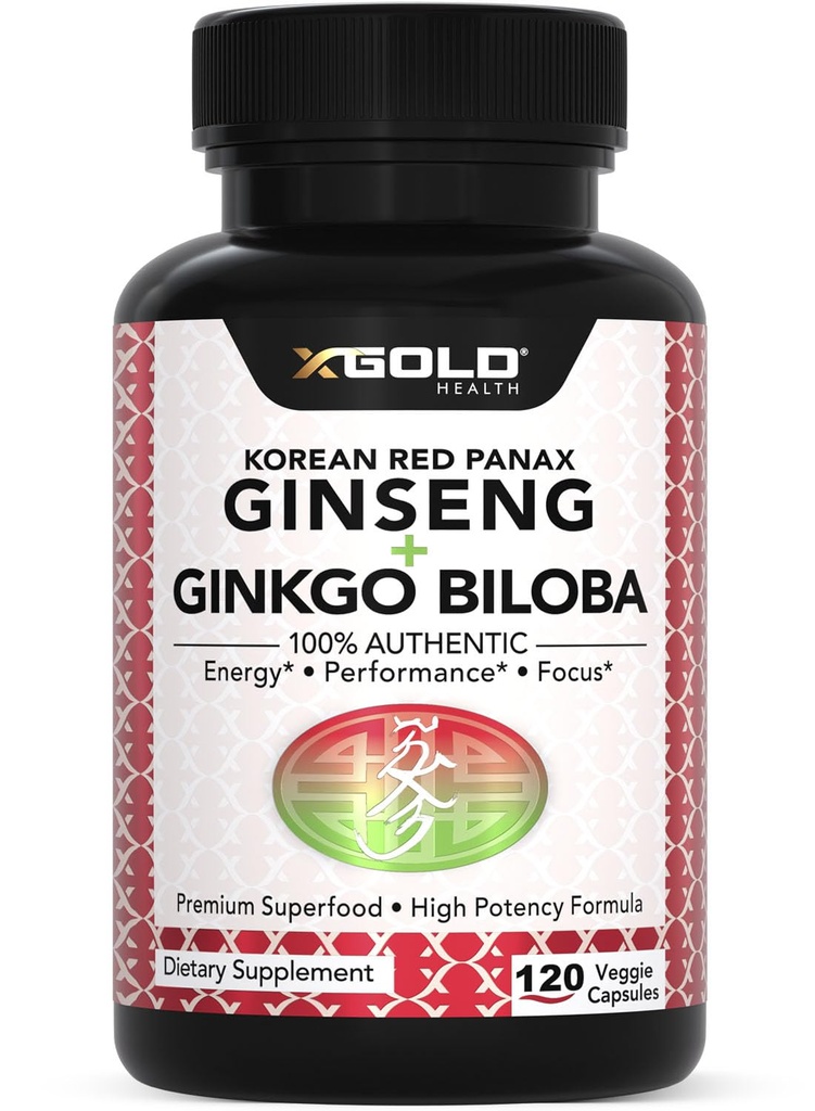 Autentyczny koreański czerwony Panax Ginseng 1200mg + Ginkgo Biloba 160mg - Wysoka moc żeńszenodów - energia, pamięć, Focus & Brain Health - Kapsułki wegańskie dla mężczyzn i kobiet - 120