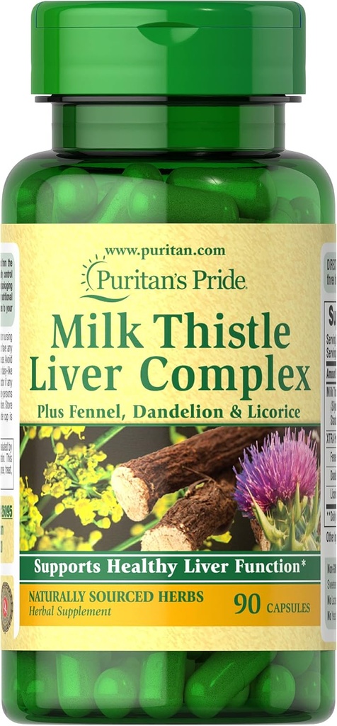Puritan Pride Milk Thistle Liver Complex, Pomaga zdrowe czynności wątroby, 90 Hrabia, Biały