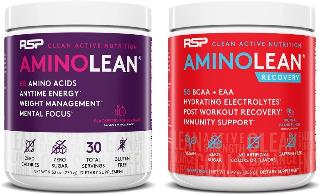 RSP NUTRITION AminoLean Pre Workout Energy (BlackBerry Granate 30 Servings) z AminoLean Recovery Post Workout Boost (Tropical Island Punch 30 Servings)