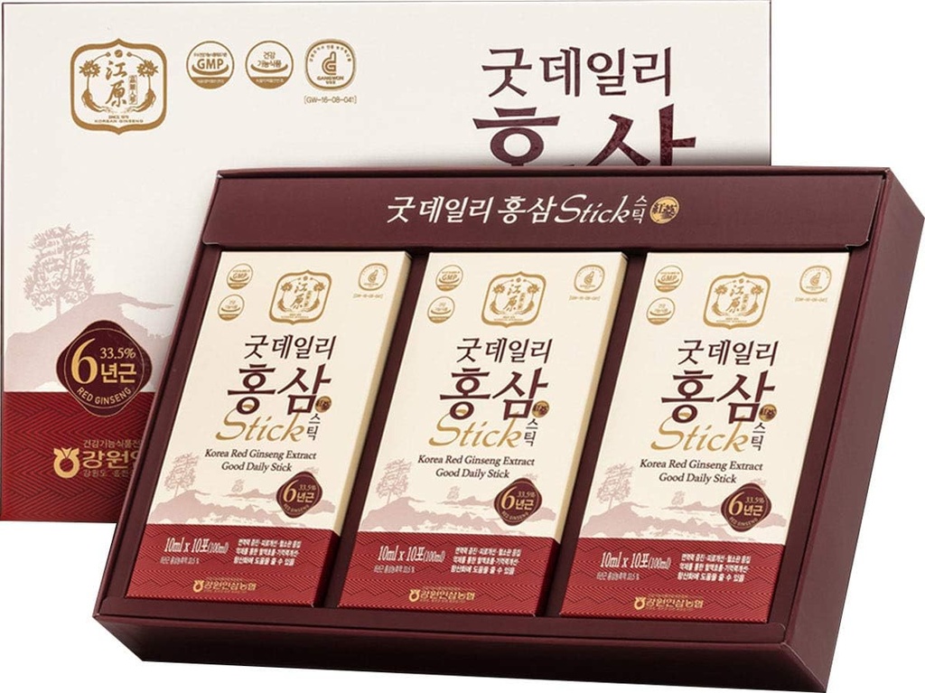 [Gangwoninsam] Korean Red Ginseng Extract Good Daily Stick 30 Count - Zawiera 6 Koreański Red Ginseng Extract, Koreański Food, Indywidualnie pakowane, 0,35 fl. oz (10ml), 3 X 10- Count Box