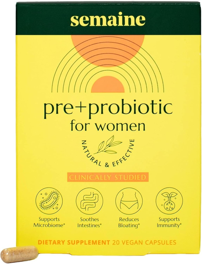 Semaine Super zasilany prebiotyk + Probiotyk dla kobiet, Efektywna formuła 3- in-1 Multi- Action to Nourish Gut Health, Soothe IBS, Wsparcie Bloat Relief & Immunity Boost, Klinically Studied (20 szt)