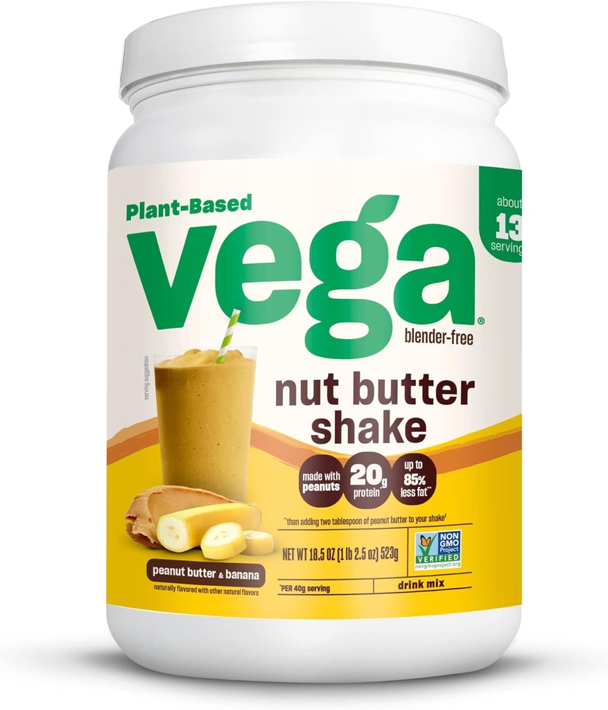 Masło Vega Nut Shake, Masło orzechowe i banana - Wegański proszek białkowy, 20 g białka, prawdziwe składniki żywności, Nie dodawany cukier, 1,39 funtów