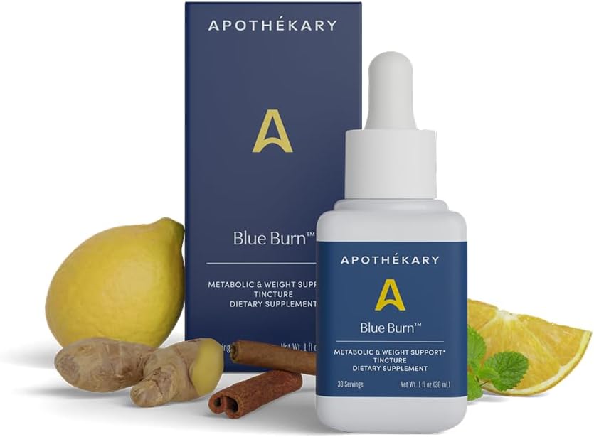 Apothékary Blue Burn Herbal Supplement Ziołowe krople płynne, Dietetyczne wsparcie metabolizmu suplement 1.22 Fl Oz, 30 Służenia