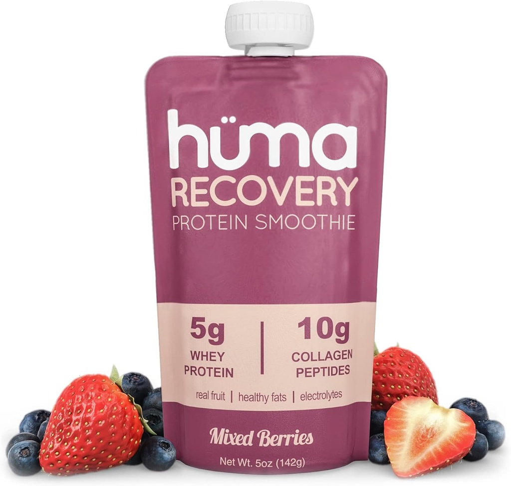 Huma Recovery Protein Smoothie, 6 Pouches - 15g Collagen + Serwatka Post Workout Recovery Drink - Ready- to- Drink Protein Shake z prawdziwymi owocami, Elektrolity, Zdrowe Tłuszcze