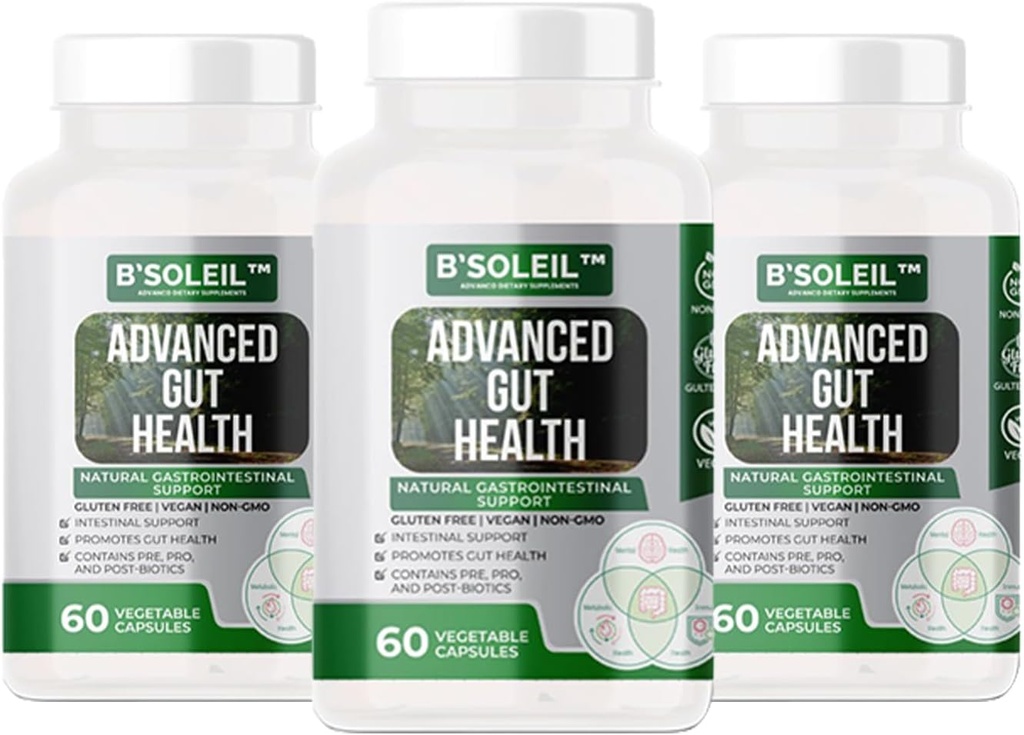 B 'Soleil ™ Pack of 3 Advanced Gut Health Probiotics - Pre, Pro & Post Biotics - Naturalne wsparcie żołądkowo-jelitowe - Gluten Free, Vegan & Non-GMO - 25 Billion CFU - 60 kapsułek w każdym opakowaniu