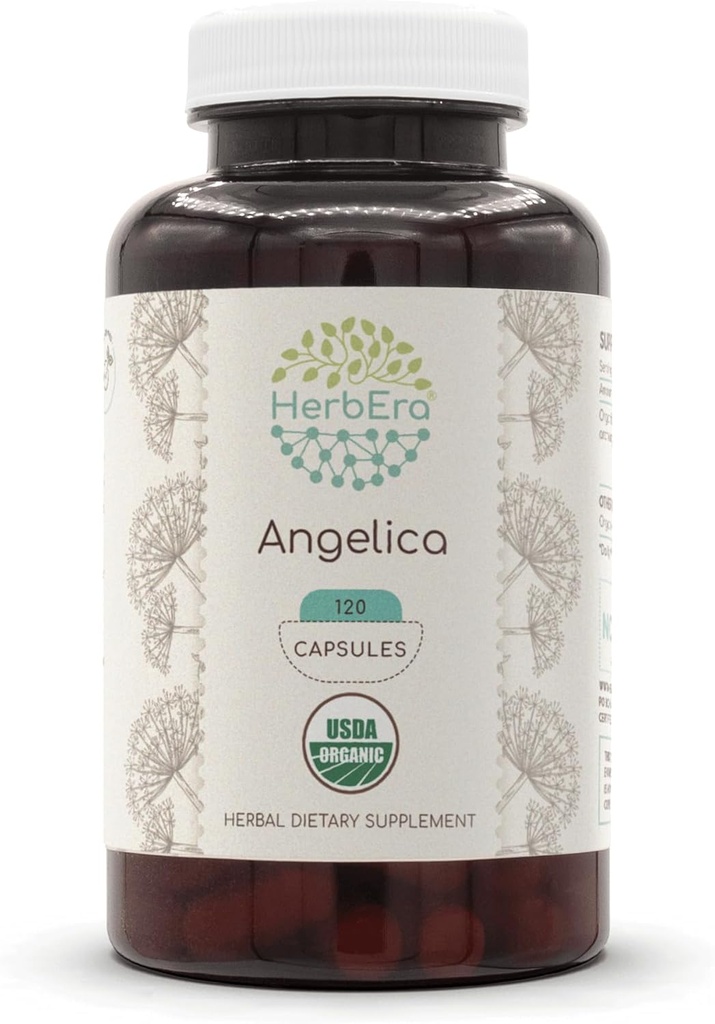 HerbEra Angelica USDA Organic 120 Kapsułki 124; Natural Herbal Supplement Equipment 124; Certified Organic Vegetarian Capsules and Organic Angelica (Angelica archangelica) Suszony korzeń (120 Kapsułki)