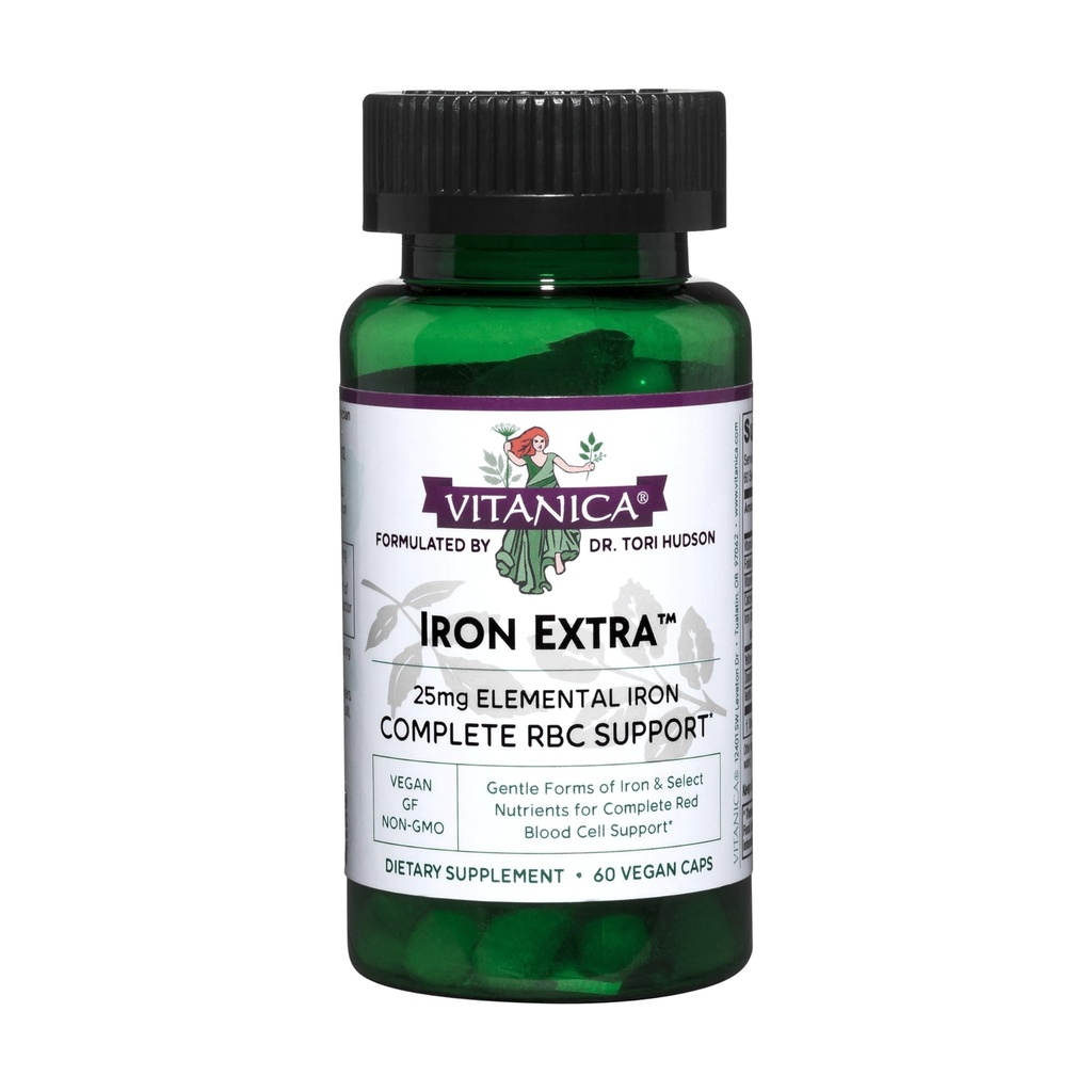 Vitanica Żelazo Extra, Żelazo Suplement wzmocniony wchłanianie z witaminy C 500mg, Metylofolat 400mcg, B12 Witamina 500mcg, Wapnia, Żółty Dock, Dandelion Root & Nettle Leaf Extract, Wegan, 60 Kapsułki