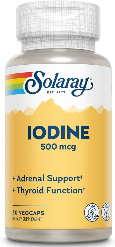 Solaray Jod 500 µg XI124; Może pomóc wspierać zdrowe czynności tarczycy, Metabolizm, Focus and Energy XI124; Non-GMO, Vegan XI124; 30 VegCaps XI124; Opakowanie 2