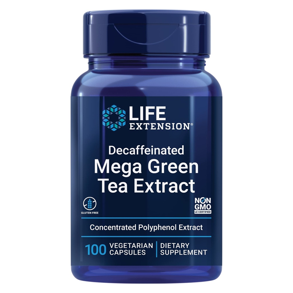 Life Extract Decaffeined Mega Green Tea Extract - Polyphenol- Rich, Cell Health, Heart Health, Brain Health, Antioksydant Protection - Non-GMO, Gluten- Free, Vegetarian - 100 Kapsułki