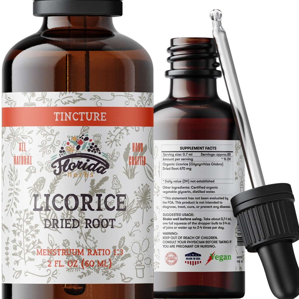 Licorice Tincture, Organic Licorice Extract (Glycyrrhiza Glabra) Suszony korzeń, Herbal Supplement, Non-GMO in Cold- Pressed Organic Vegetable Glycerin 2 oz, 670 mg