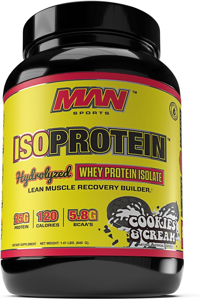 MAN Sports Nowy aromat ISO- Białko hydrolizowane 100% Czysta izolacja białka serwatki proszek, ciasteczka i śmietana, 1.42 funty (20 Day Supply)