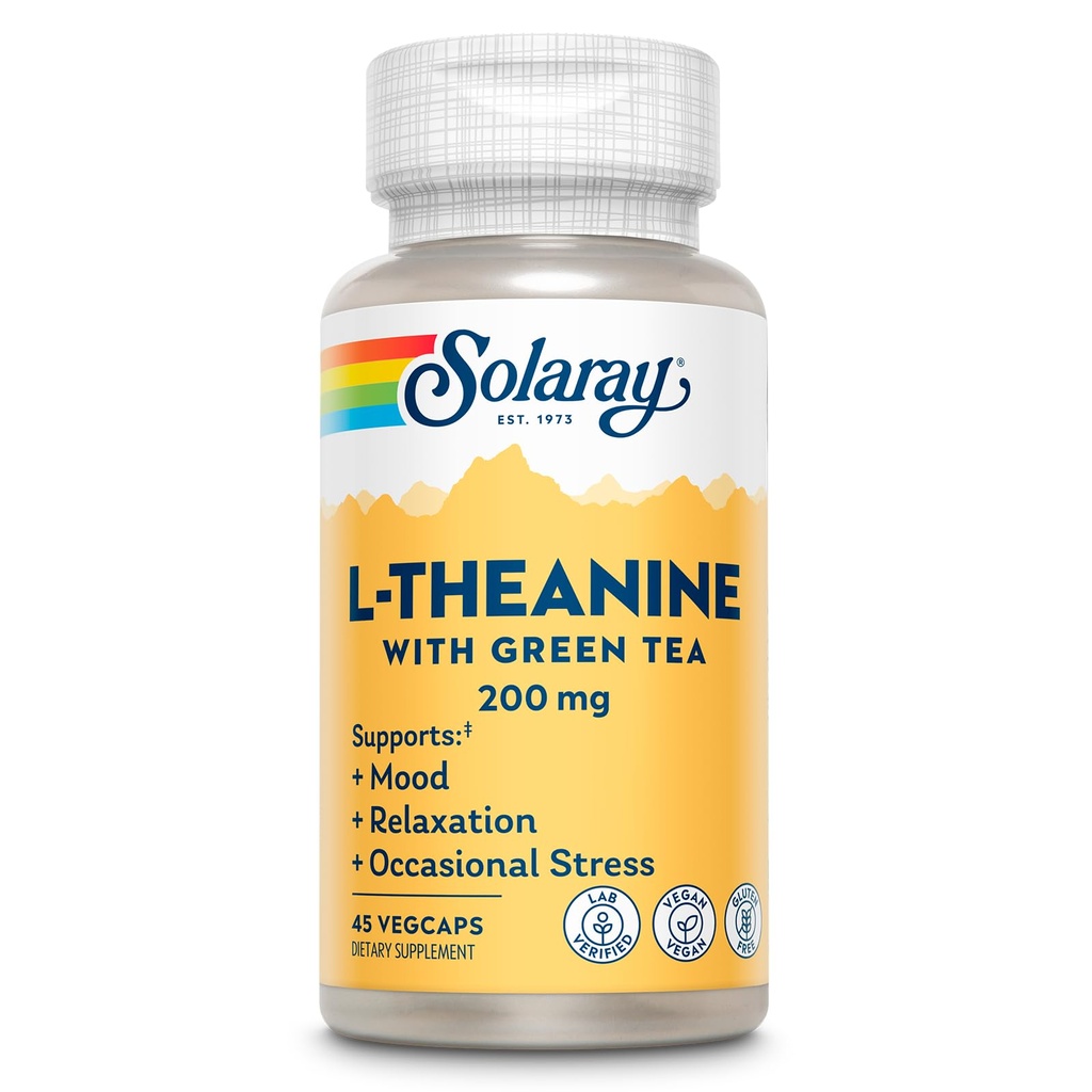 SOLARAY L- Theanine 200mg z zieloną herbatą - Zdrowy nastrój, relaks i sporadyczne wsparcie stresowe - Laboratorium zweryfikowane, Wegan, Gluten Free - 45 Służenia, 45 WegeCaps