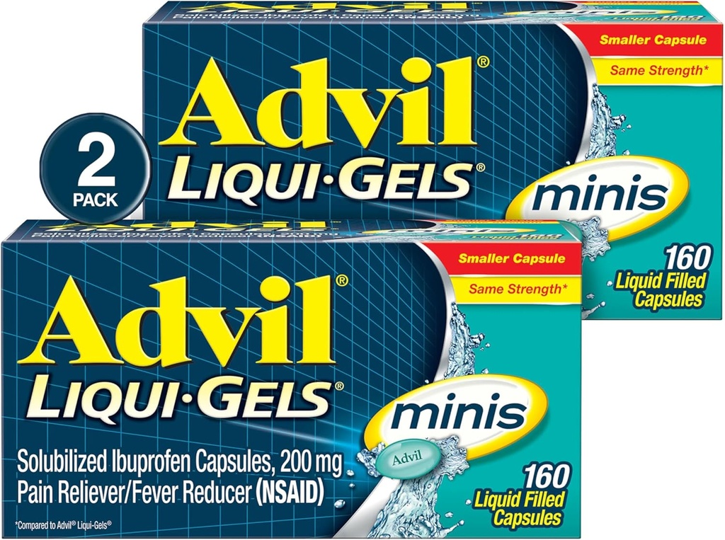 Advil Liqui- Gels minis Reliever of Pain and Fever Reducer, Pain Medicine dla dorosłych z Ibuprofen 200mg for Pain Relief - 2x160 Liquid Filled Capsules