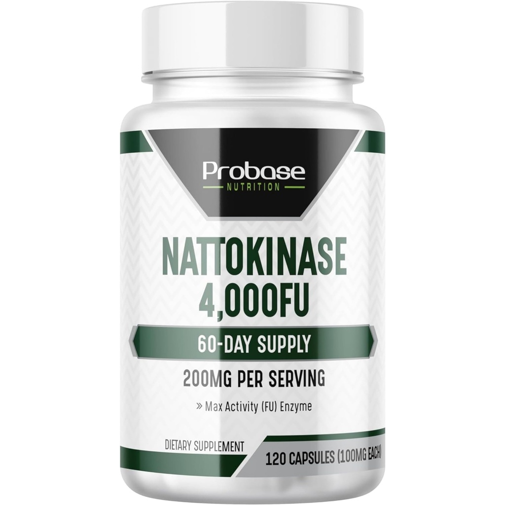Probase Nutrition Nattokinase Supplement 4,000 FU Servings, 120 Capsules (Derived from Japanese Natto) Systemic Enzymes for Cardiovascular and Circulatory Support
