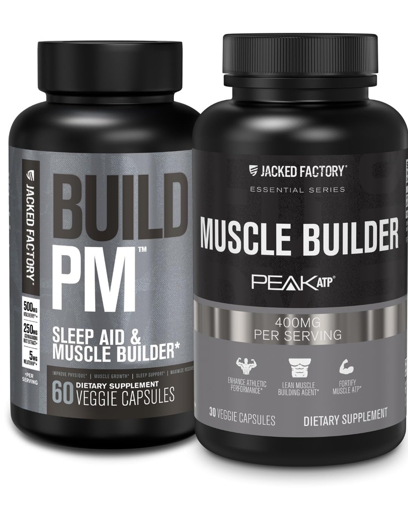 Jacked Factory Build PM Night Muscle Builder & Sen Aid (60 Kapsułek) & Essentials Muscle Builder - Daily Force Builder for Men with Peak ATP (30 Kapsułek)