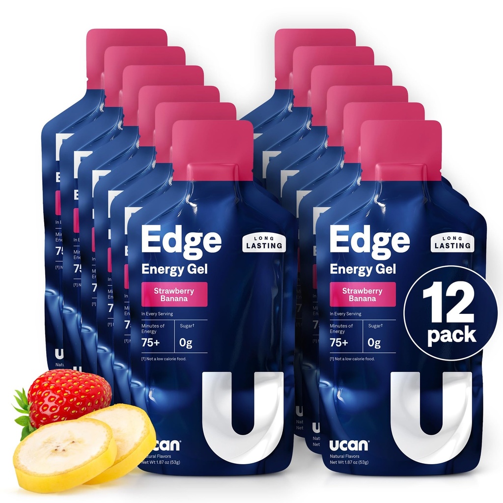 UCAN Edge Energy Gel Shots, Truskawka Banana (12, 2 Ounce Pakiety) do biegania, Szkolenia, Treningi, Fitness, Jazda na rowerze, Crossfit 124; Cukier wolny, Wegan, & Keto Friendly Energy