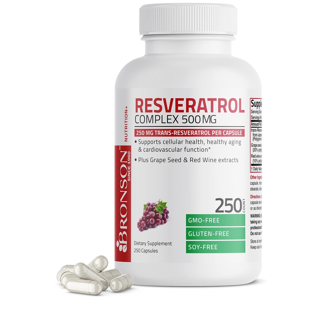 Bronson Resveratrol 500 Complex Standardized Trans- Resveratrol + Grape Seed & Red Wine Extract, 250 kapsułki