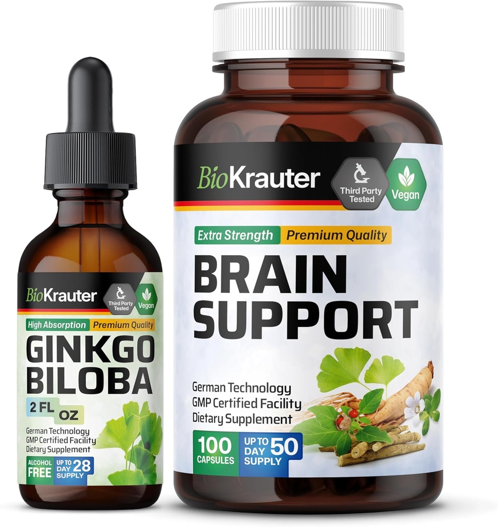 BIO KRAUTER Ginkgo Biloba nalewka 2 Fl. Oz. & Wsparcie mózgu 100 kapsułki