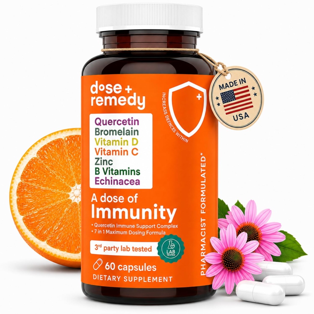 A Dawka Quercetin odporności z witaminą C i cynku, Witamina D, 500mg Quercetin Bromelain z Echinacea & B Witaminy, Płuc Immune Supplement 7 w 1 Immunity Defense Booster (60 Count)