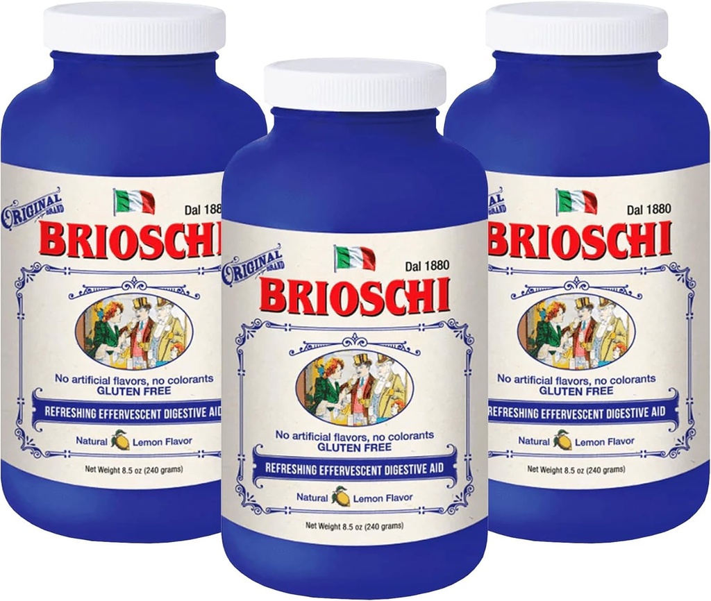 Brioschi włoski Lemon Flavored Effervescent Heartburn, Zdenerwowane żołądki, Niestrawność kwasowa, 8,5 oz butelka (Opakowanie po 3)