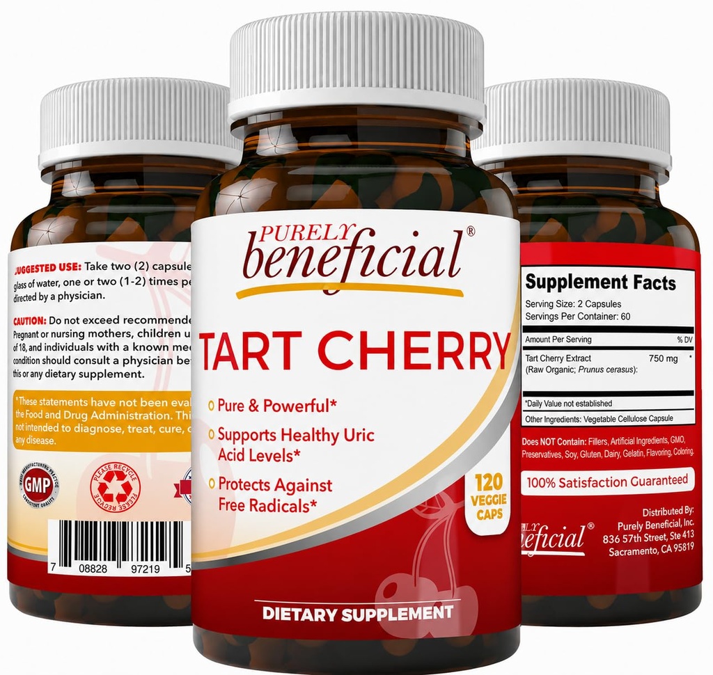 PURELY korzystne Tart Cherry kapsułki 6000 mg, Extract Montmorency Tart Cherry, Flush kwasu moczowego dla Joint Comfort, Przeciwutleniacz i wsparcie immunologiczne, Non-GMO, Gluten Free, 120 Count