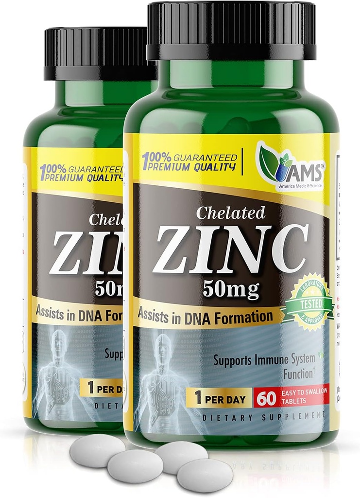 America Medic & Science Chelated Cynk 50 mg suplementy (2 opakowania po 60 tabletek) Wzmacniacz immunologiczny i silne leki przeciwutleniające dla dorosłych mężczyzn i kobiet 124; Wysoko wchłanialny minerał, poprawia nastrój i sen