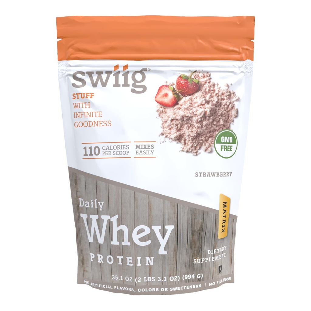 swiig Premium Daily Whey Protein Matrix Strawberry 2.2 lb - 20g Protein gluten- Free Non-GMO No Fillers No Fative Flavors Enhanced with Amino Acids for Muscle Recovery All Natural Formula