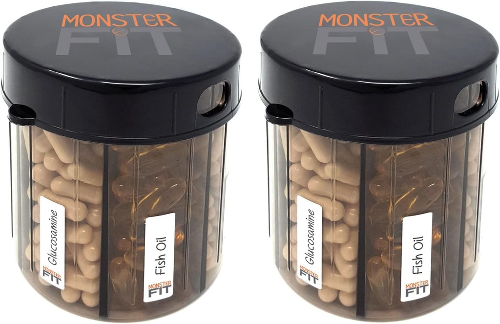 Monster Supplement Pill Dispenser z etykietami kombajnu - Bardzo duży pojemnik na butelki Prawie każdy suplement - Łatwy do rozwiązania (Monster Fit - 2 Pack)