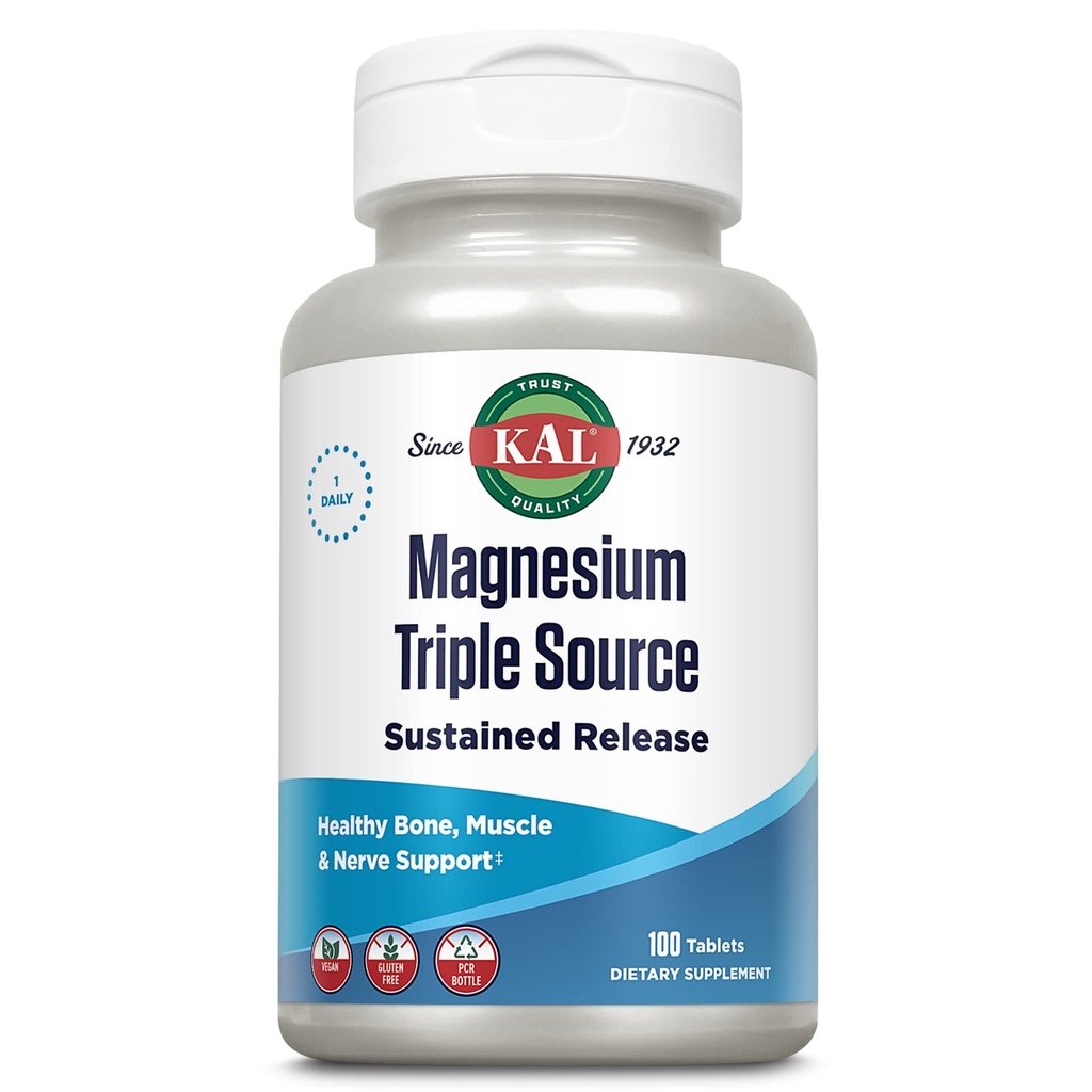 Kal Triple Source Magnezu Complex, Cytrate, jabłczan, tlenek, Trwałe uwolnienie, kość, mięśnie, Nerve Support, Wegan, Gluten Free, 60- Day Guarantee, 100 Słupki, 100 Tabs