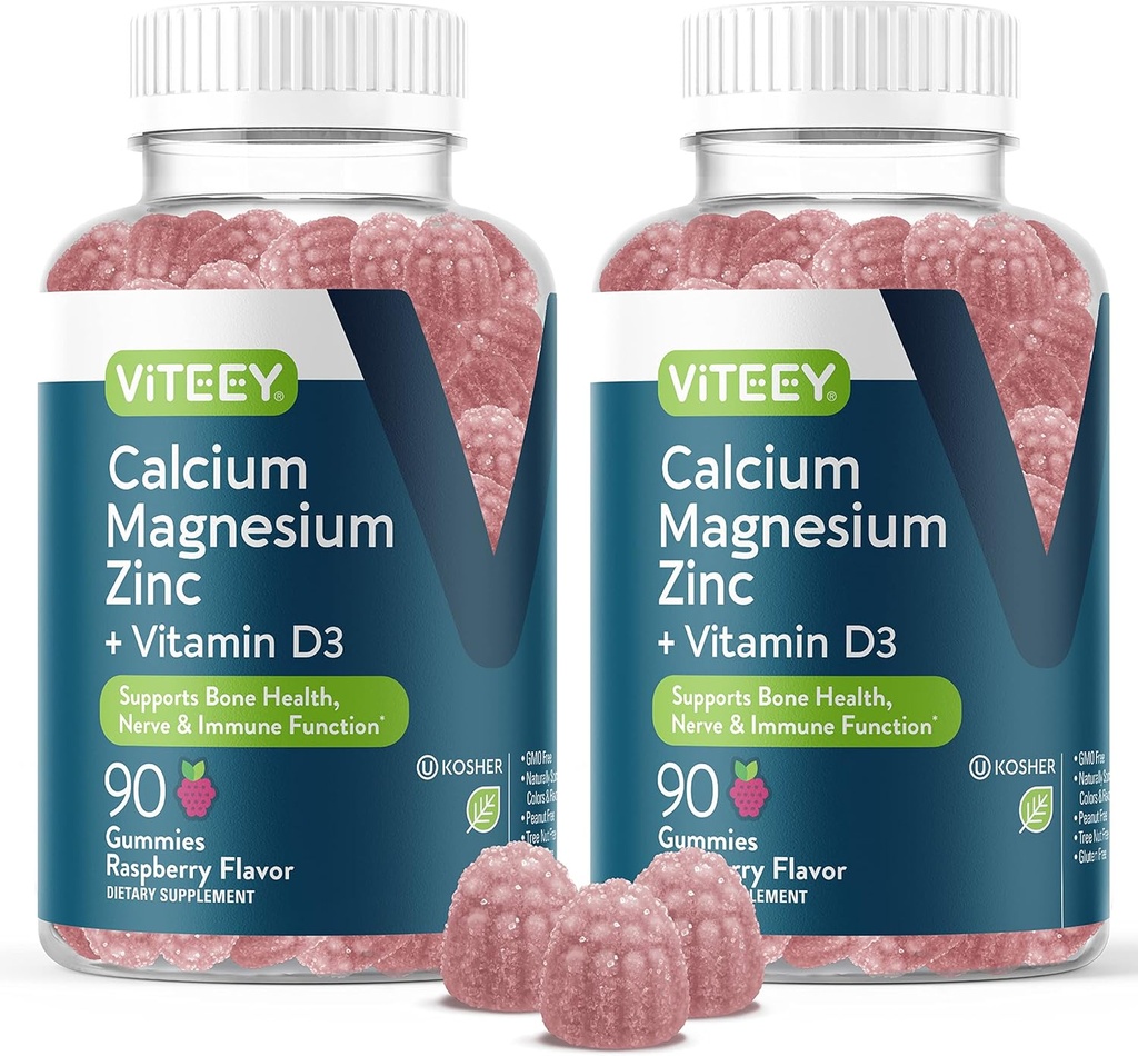 Witeey Wapnia Magnezu Gummie cynku z witaminą D3 - Wspiera zdrowie kości, Nerwy i funkcje immunologiczne - Wapń Magnezu Cynk D3 dla dorosłych i nastolatków - GMO Free - Gummy do żucia Malina aromatyczna