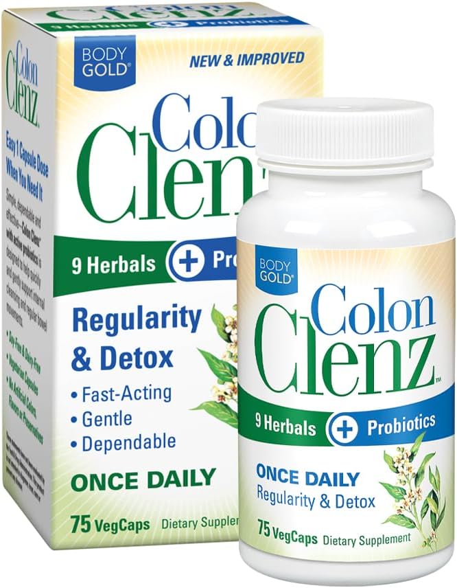 Body Gold Colon Clenz Regularność & Detox Formuła 124; Raz dziennie Wsparcie z 9 Herbs + Aktywne Probiotyki 124; 75 CT