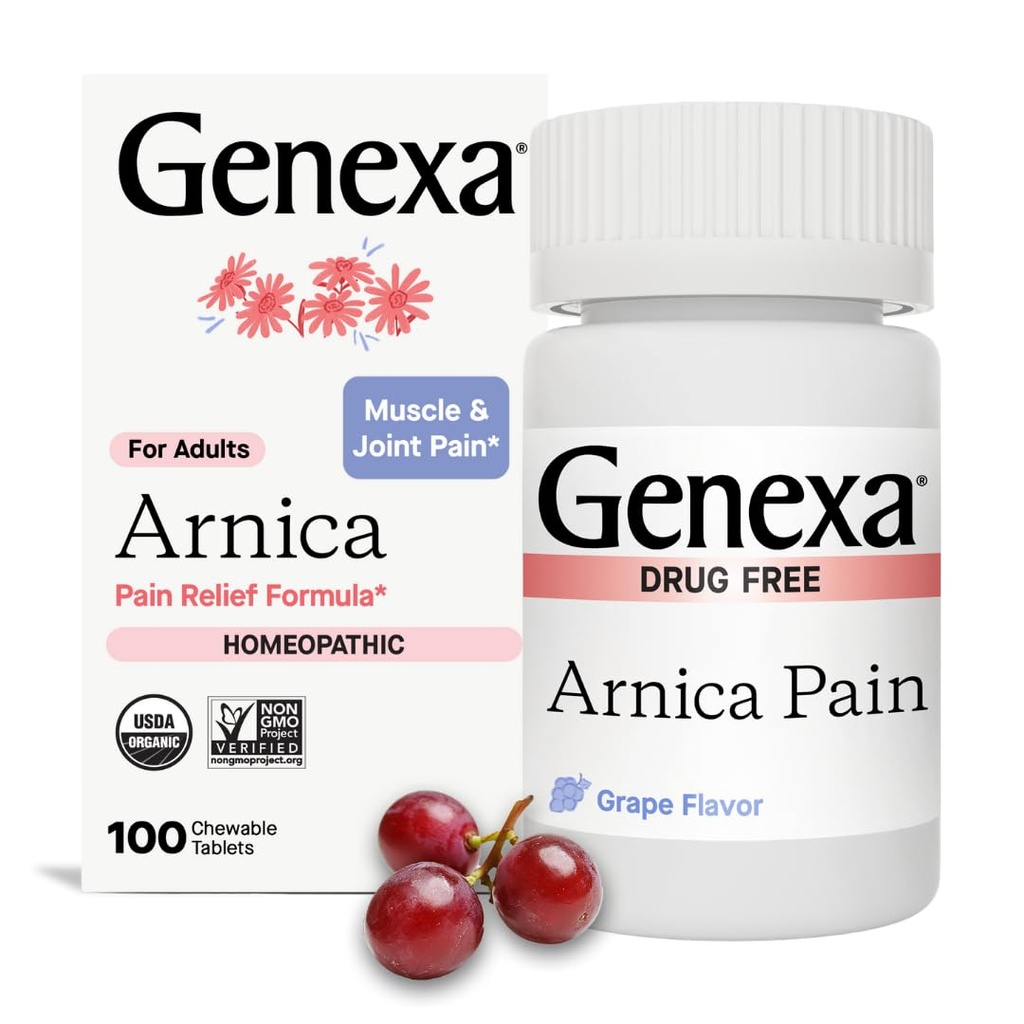 Genexa Arnica dla ulgi bólowej 124; Łagodzenie mięśni i stawów ból, bolesność i sztywność 124; Redukcja siniaków i obrzęk 124; Organic Grape Flavor 124; Homeopatic Remedy Made Clean 124; 100 Tabletki do żucia
