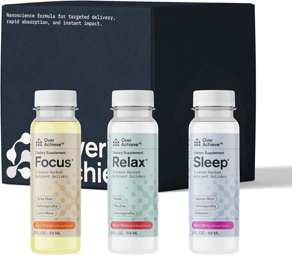 Suplement Variety Pack z zaawansowaną technologią nanonaukową, 12 Pack, Stress Calming Relax Drink, Sen Aid Drink, Nootropowy Suplement Mózgu Focus Drink, 2 Oz Shot