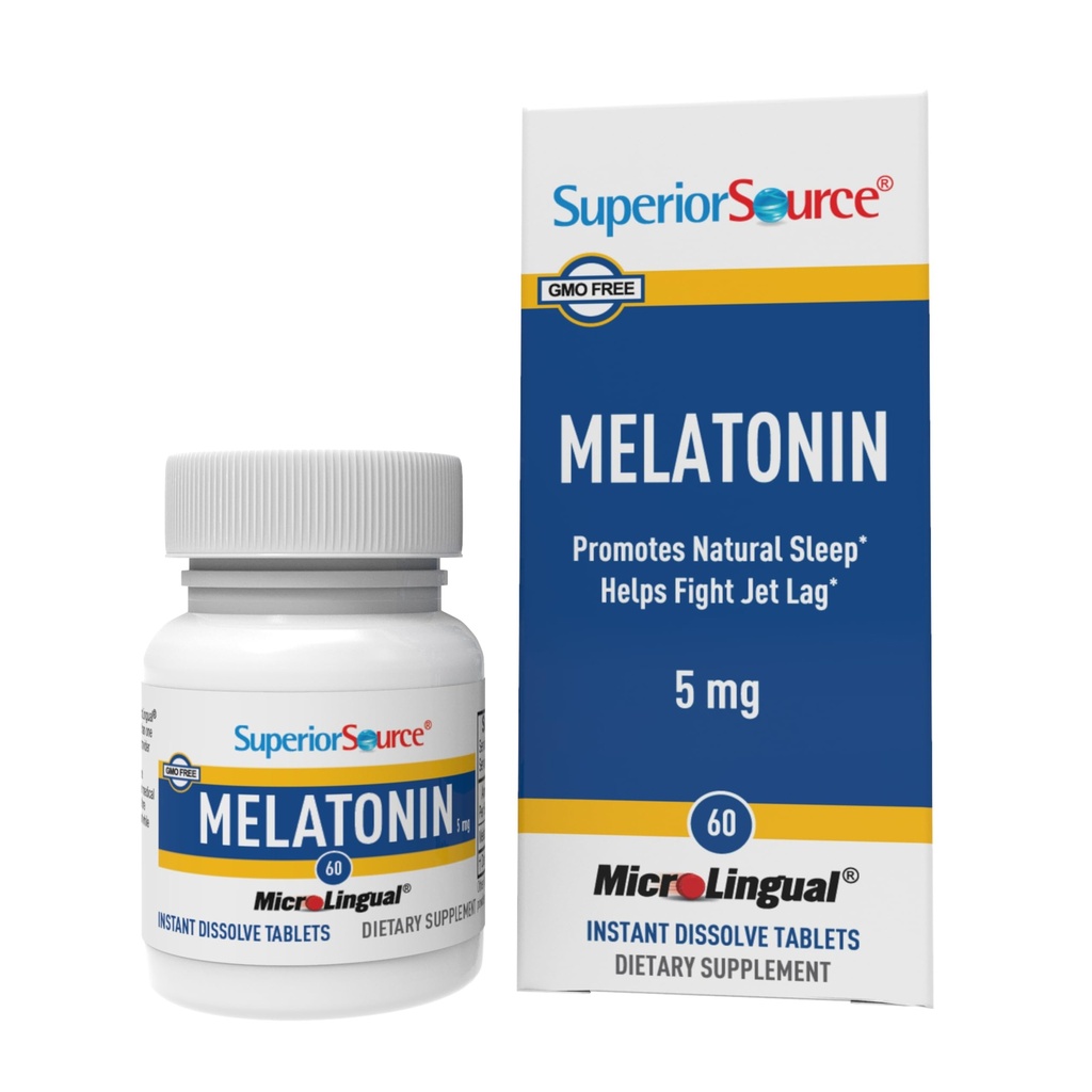 Superior Source Melatonin 5 mg - Healthy Sleep Supplement Supplement for Adult - Formuła melatoniny z rumiankami i rumiankami Relaxation & Resteful Sleep - 60 Podjęzykowe tabletki rozpuszczające