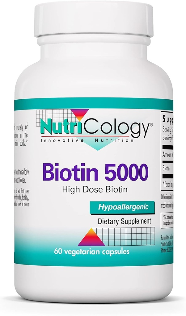 Nutricology Biotin 5000 Suplement - 5000mcg Biotin, Witaminy do włosów, skóry i paznokci, Wysoka dawka, Kapsułki wegetariańskie, Hipoalergiczne, Gluten Free - 60