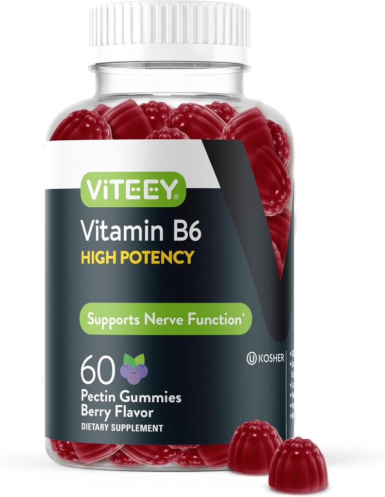 Witamina Witamina B6 Gummies - Energia, Nerve & Mood Support - B6 Witaminy 100mg - Wegan, Gluten Free, GMO Free - 60 Count
