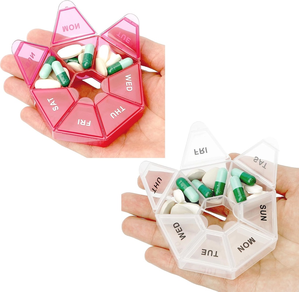 Pill Organizer, 2 Pack Pill Box, Small Pill Case, Medicine Pill Organizer 1 Time a Day, Weekly Pill Organizer, Pill Container, Pill Holder, Daily Pill Organizer Travel Pill Organizer 7 Day (Red & White)