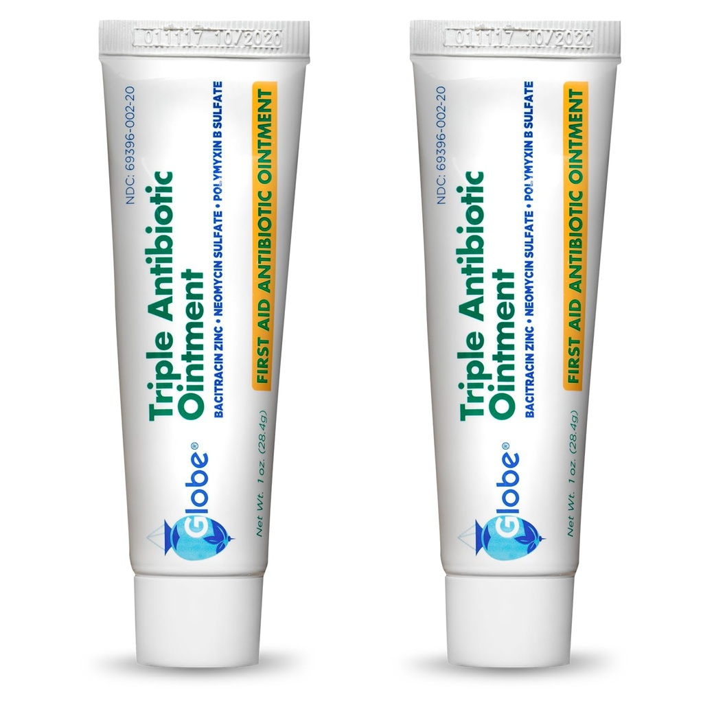 Globe Triple Antibiotic First Aid Maintment, 1 oz (2- Pack) Pierwsza pomoc Antibiotic Ointment, 24- godzinna ochrona przed zakażeniem, leczenie rany dla drobnych łusek, oparzenia i cięcia