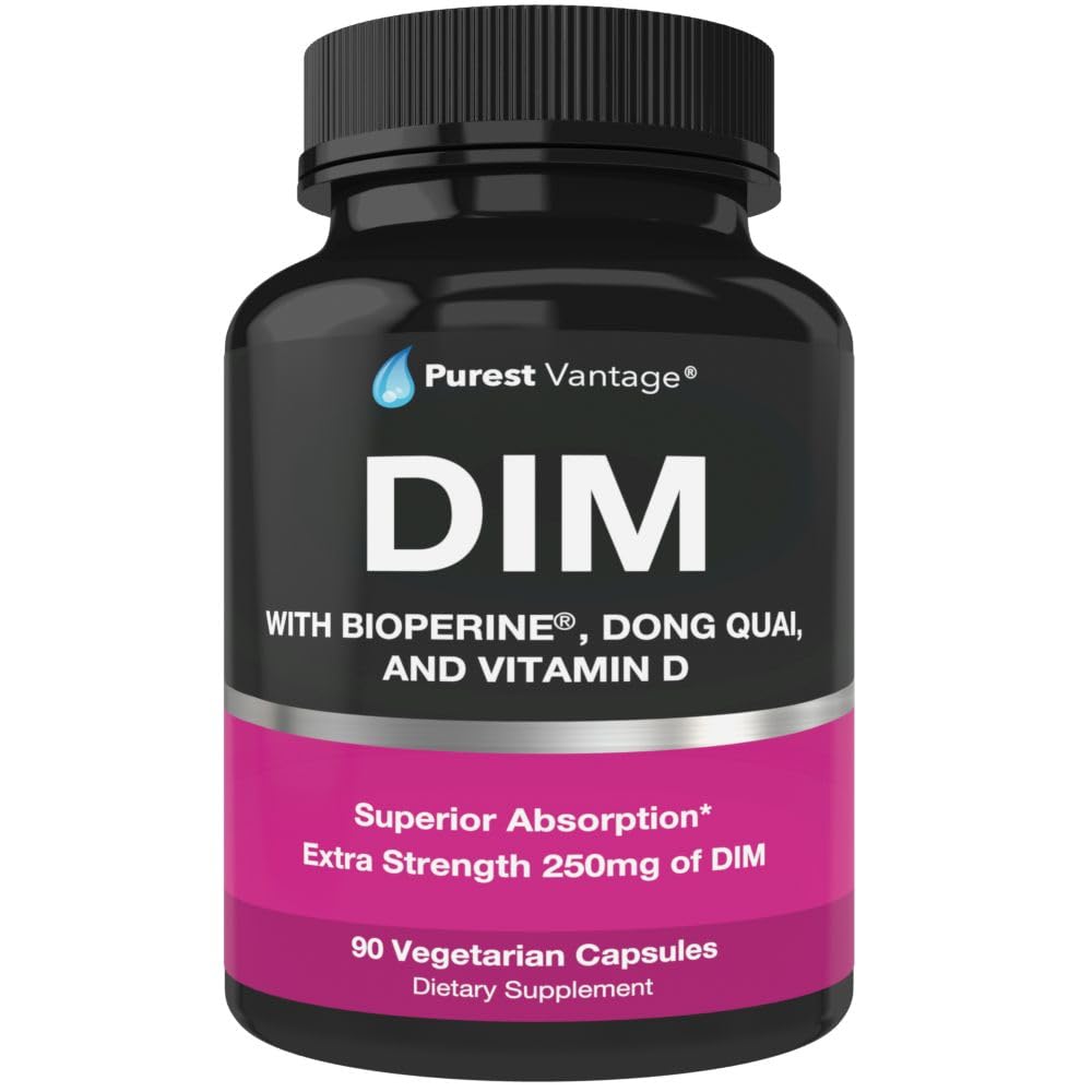 Pure DIM Supplement 250mg Diindolylometan Plus BioPerine i Dong Quai - Hormon Balance Support for Women and Men, Menopauza & Estrogen Support - 90 Kapsułki wegetariańskie