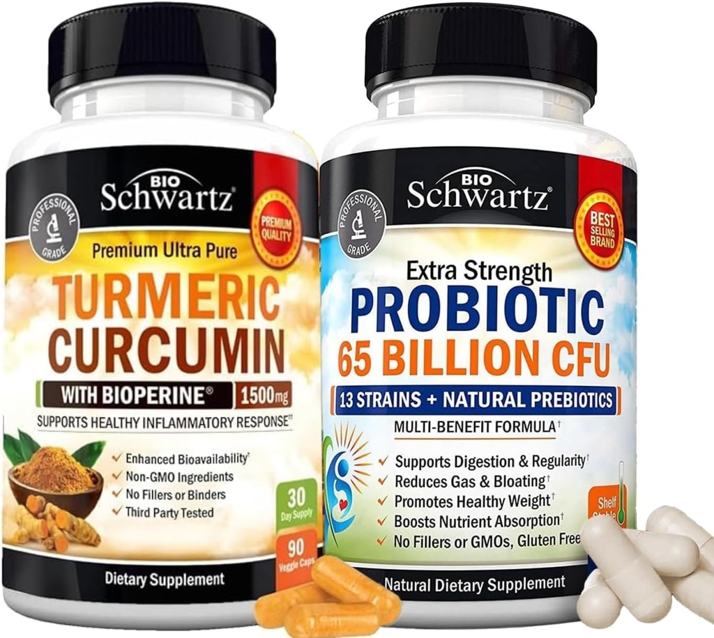 65 Miliard CFU Daily Probiotic Supplement (1 miesiąc dostaw) Plus kurkumina kurkumina z Black Pepper Extract 1500mg Complex (Rozmiar próby)