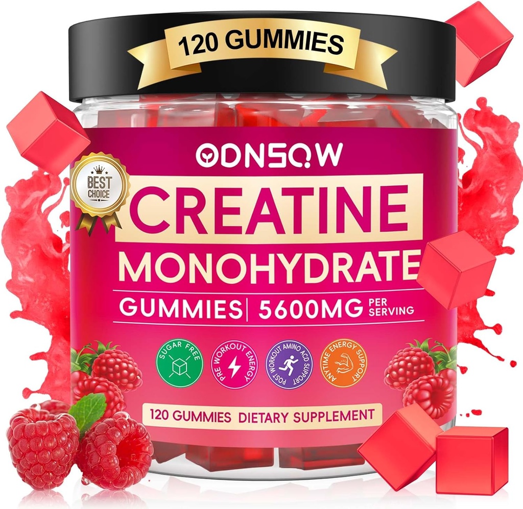 Jednowodzian kreatora Gummie dla mężczyzn i kobiet 120 CT - 5600mg Jednowodzian kreatora na serwowanie - Wegan, Bezcukrowy Żniwa Kreatyna Monowodzian dla mięśni Siła, Energia Boost Malina Flavor