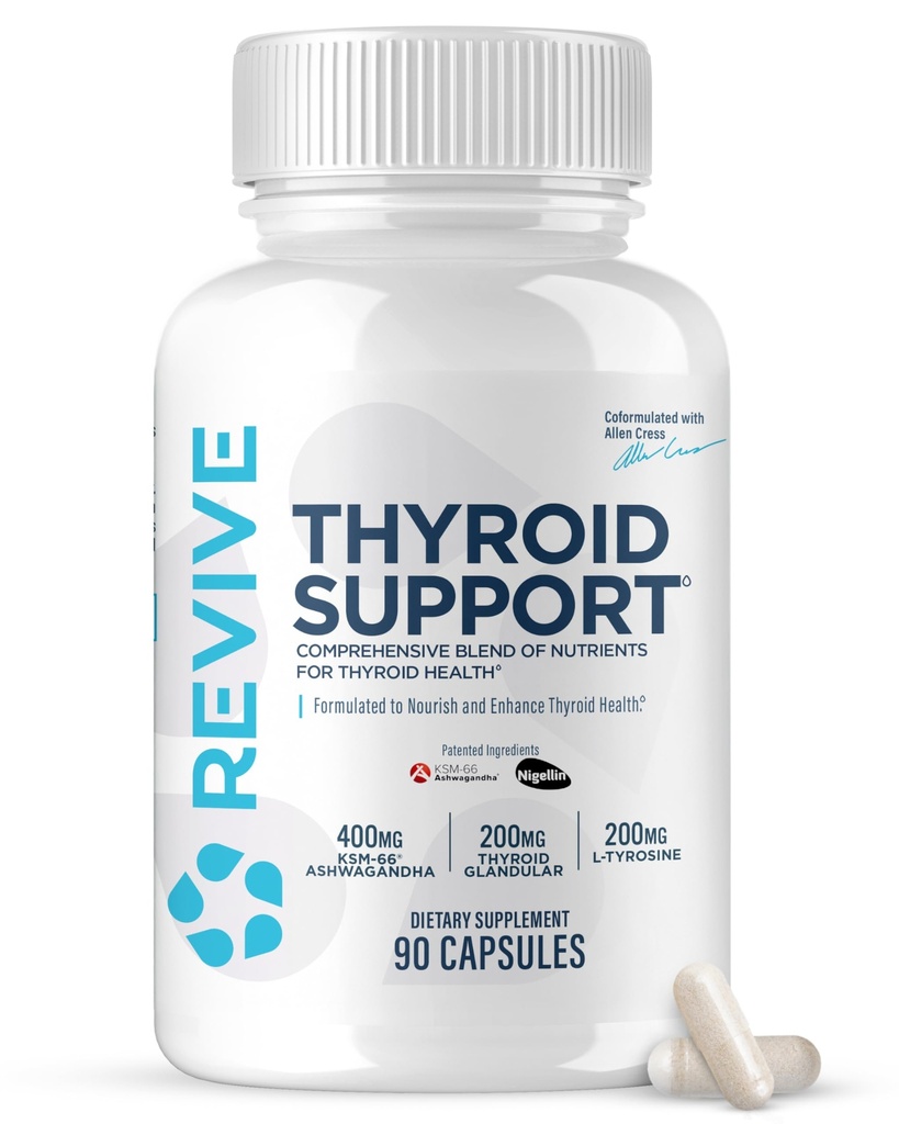 Revive MD Thyroid Supplement Supplement for Men & Women - Kompleksowy Mieszanka Nutritents Wspomaga Zdrowe Funkcje Thyroid z witaminą, minerały i zioła (90 Kapsułki, 30 Słupki)