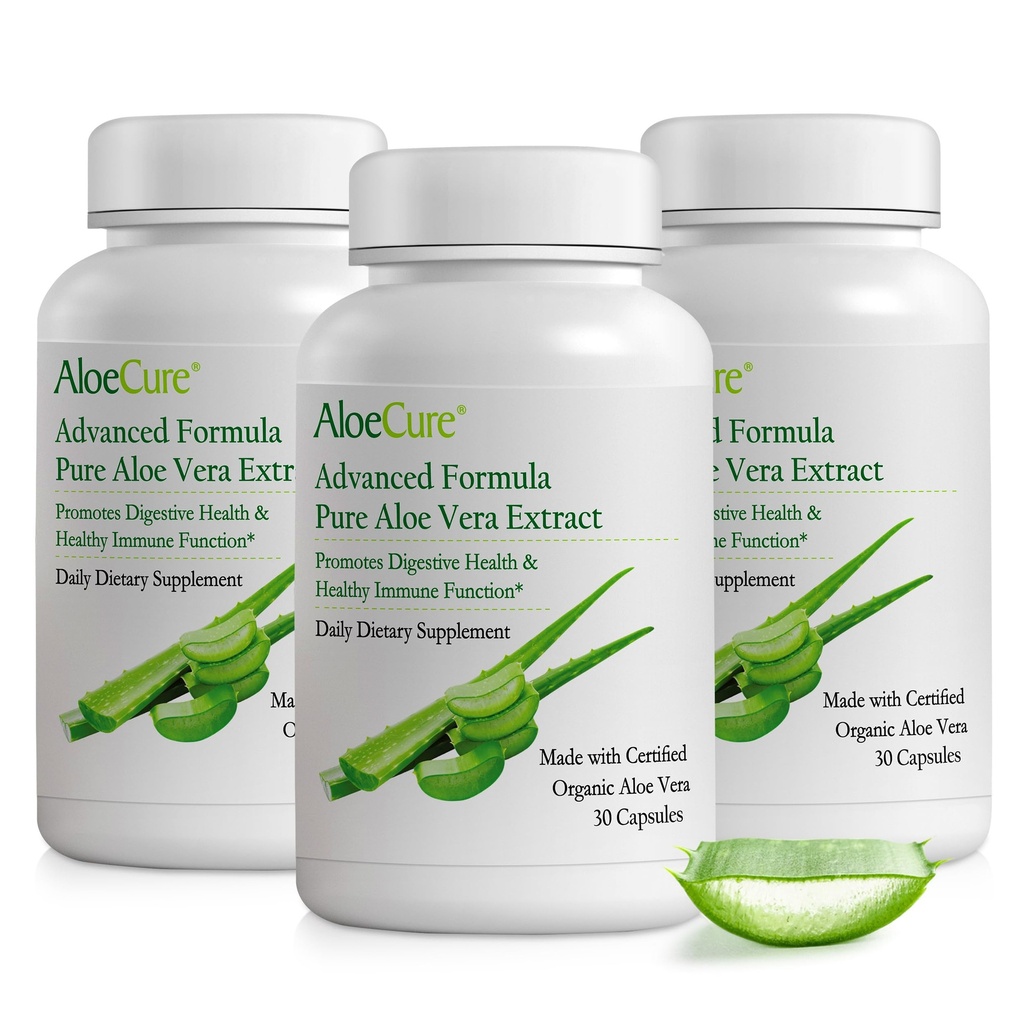 AloeCure Organic Aloe Vera Kapsułki, 160,000mg Wewnętrzny Aloe Leaf Równoważnik za Serving, Support Gut, Digestive, & Immune Health, Pomaga utrzymać zrównoważoną kwasowość żołądka, Aloin Free, 30Caps x 3Btl