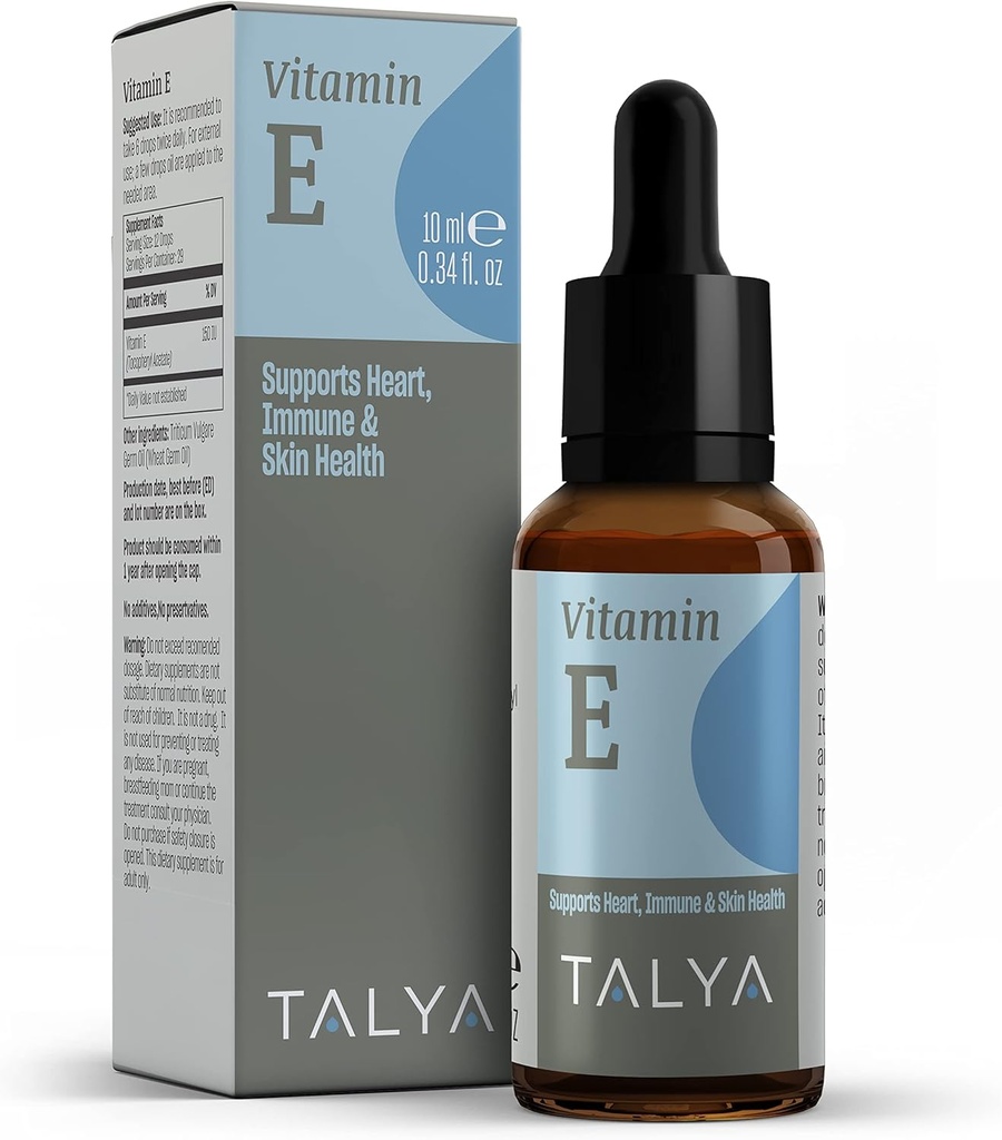 TALYA Witamina E płynne krople 0,34 fl.oz do 124; Kość, staw, Zdrowie serca do 124; Olejek Witamina E do blizn i skóry 124; Butelka szklana z kroplomierzem do 124; Suplement Witaminy E, Non-GMO, Wegan