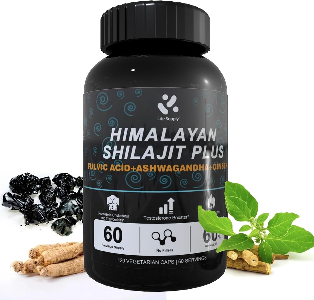 Shilajit Himalayan Supplement 60% Kwas Fulvic, 120 Kapsułek Vegan Supply Supply with Pure Natural Shilajit, Ashwagandha, Ekstrakt Ginseng - Wysoka jakość minerałów śladowych dla wsparcia energetycznego mężczyzn