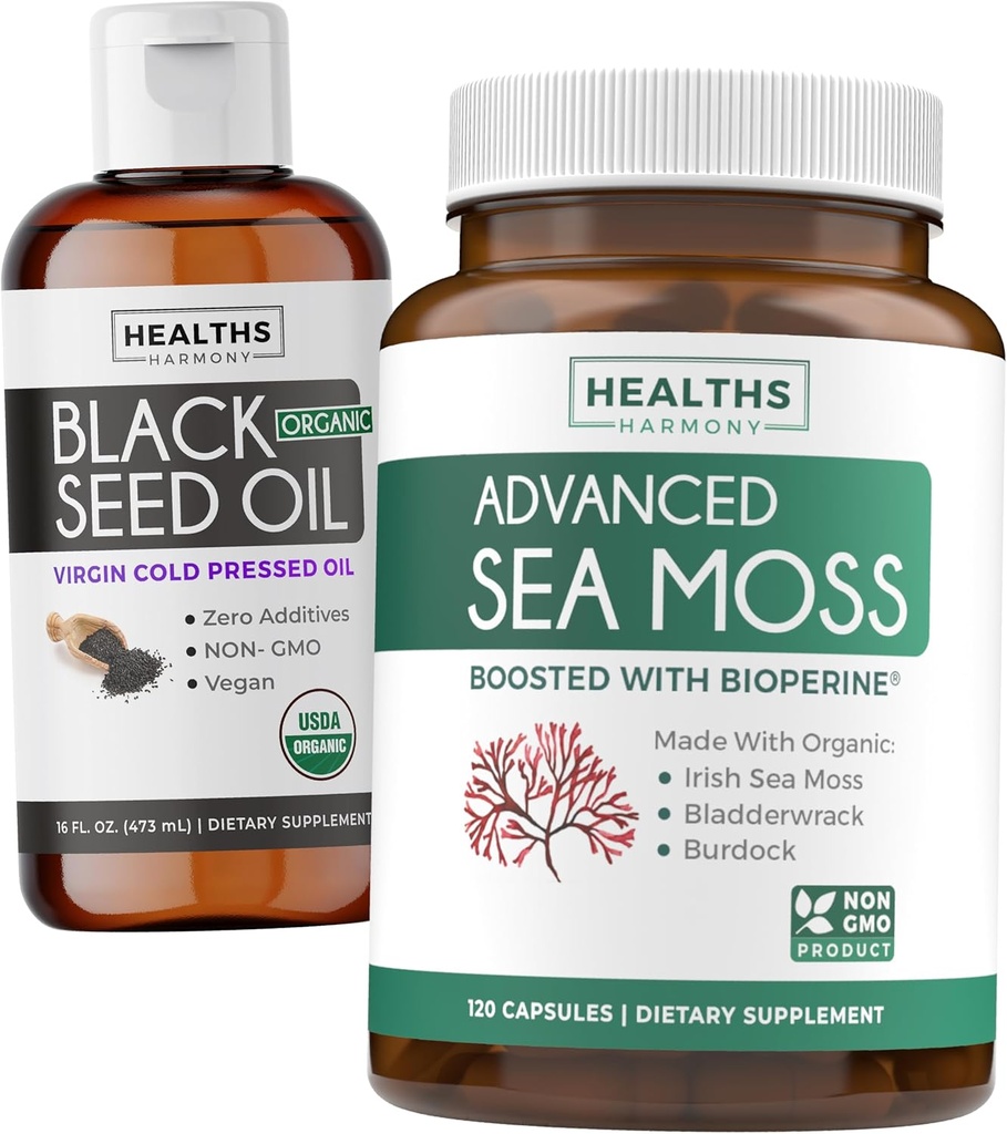 Ciekły olej lniany i mech morski (2- miesięczne dostawy) Sea & Seed Fusion Bundle - Black Seed Oil Liquid (16fl.oz) Premium Cold- Pressed Clack Cumin Seed Oil & Organic Irish Sea Moss with BioPerine - Vegan